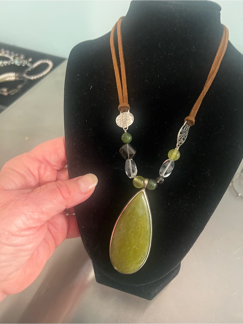 Silpada Green Stone Teardrop Pendant with Glass Beads on Leather Cord